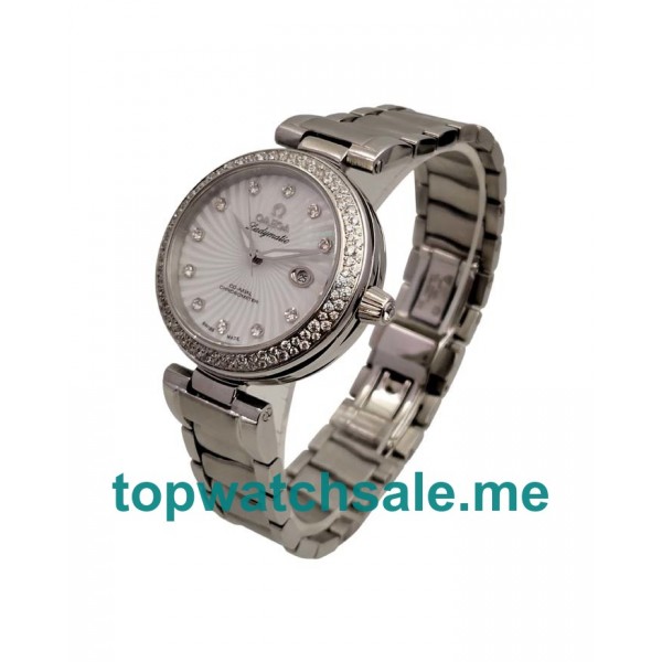 UK Best Quality Omega De Ville Ladymatic 425.35.34.20.55.001 Replica Watches With White Mother-Of-Pearl Dials For Sale